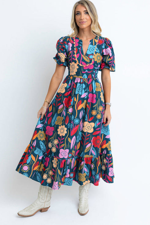 Retro Floral Printed Split Neck Maxi Dress